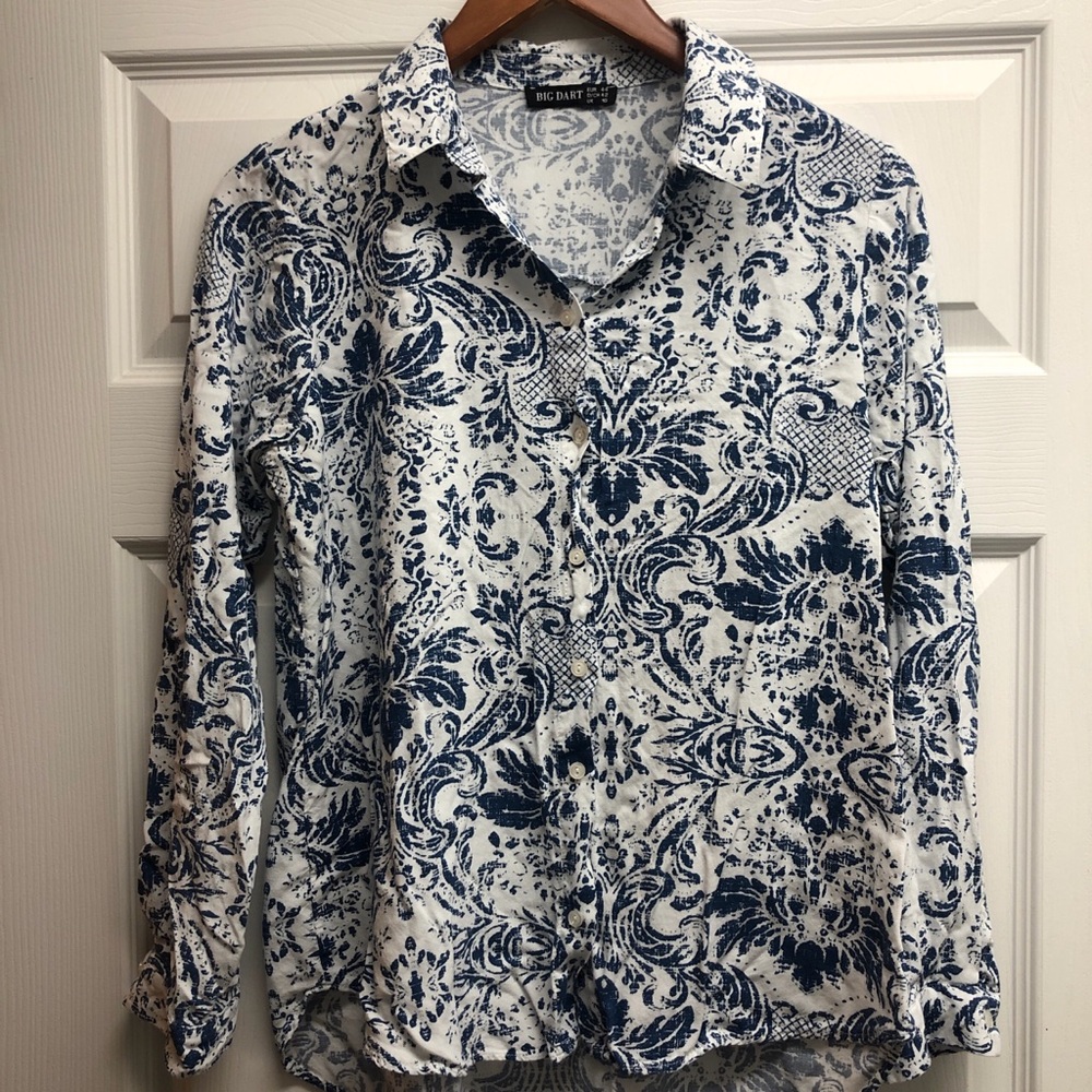 Big Dart Women's Blue and White Printed Button-Down Shirt